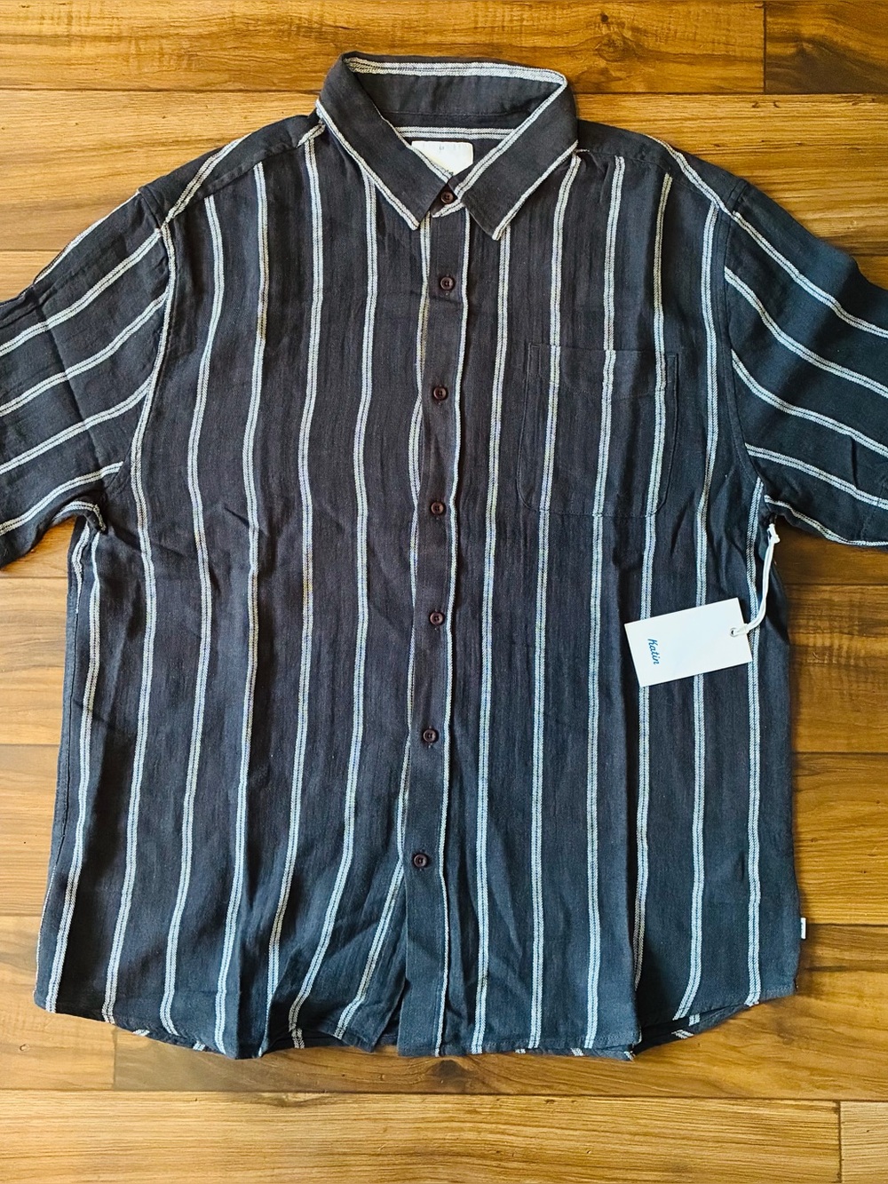 Katin Alan Button Shirt Mens L Linen Cotton Black Striped Summer Beach Travel